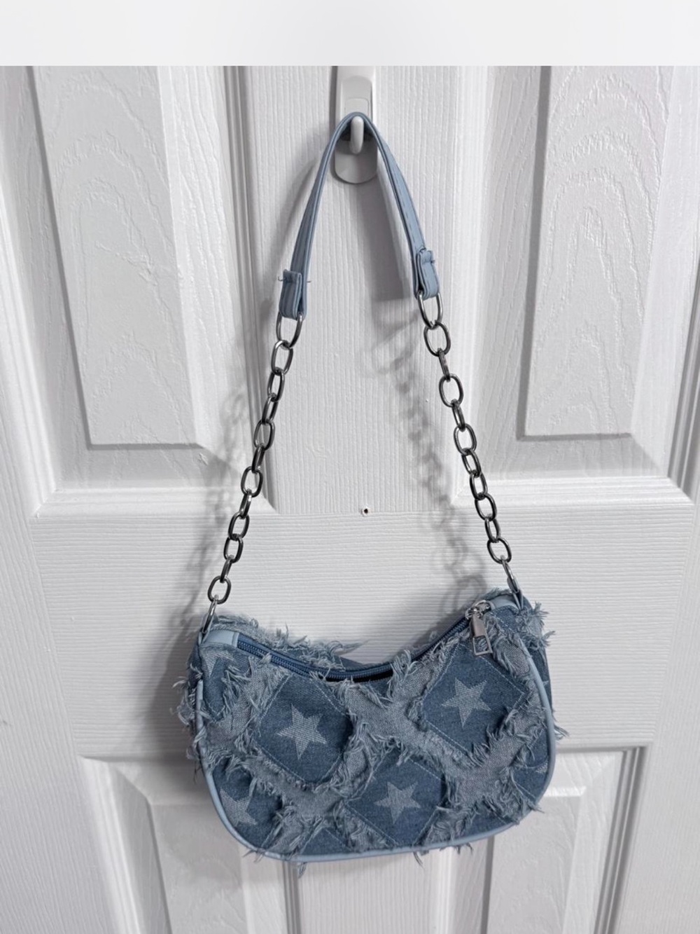 Light Blue Star-Pattern Denim Shoulder Bag